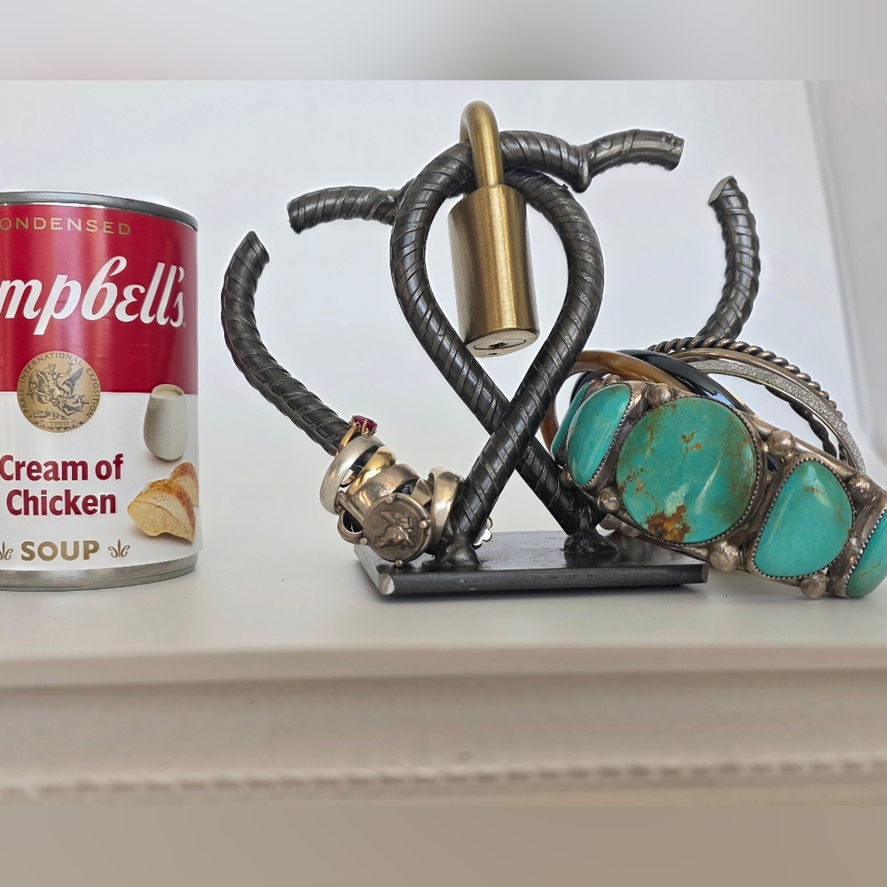 Handmade US Solid Steel Jewelry Stand Southwest Gas Brass Locked Double Hearts - Picture 10 of 12